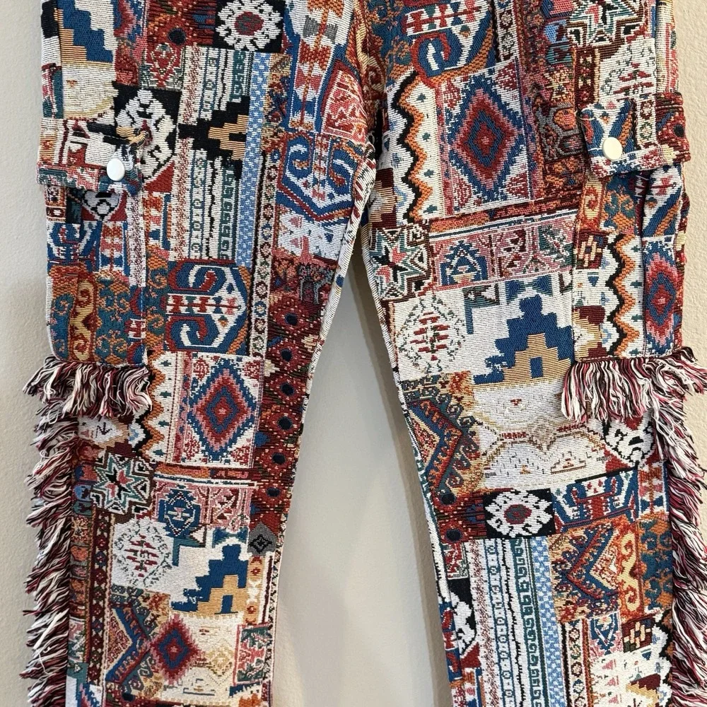 Tapestry Rug Pants Mens 32 Fringe Flare Boho Maximalist Festival Statement